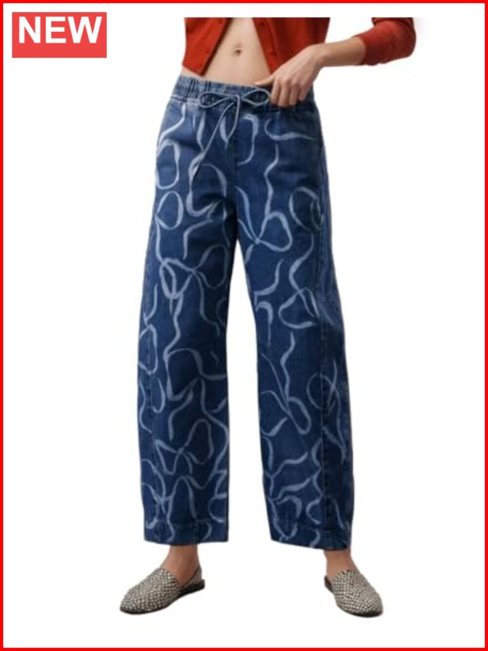 High Rise Bow Print Wide Leg Barrel Jeans for Women with Pockets